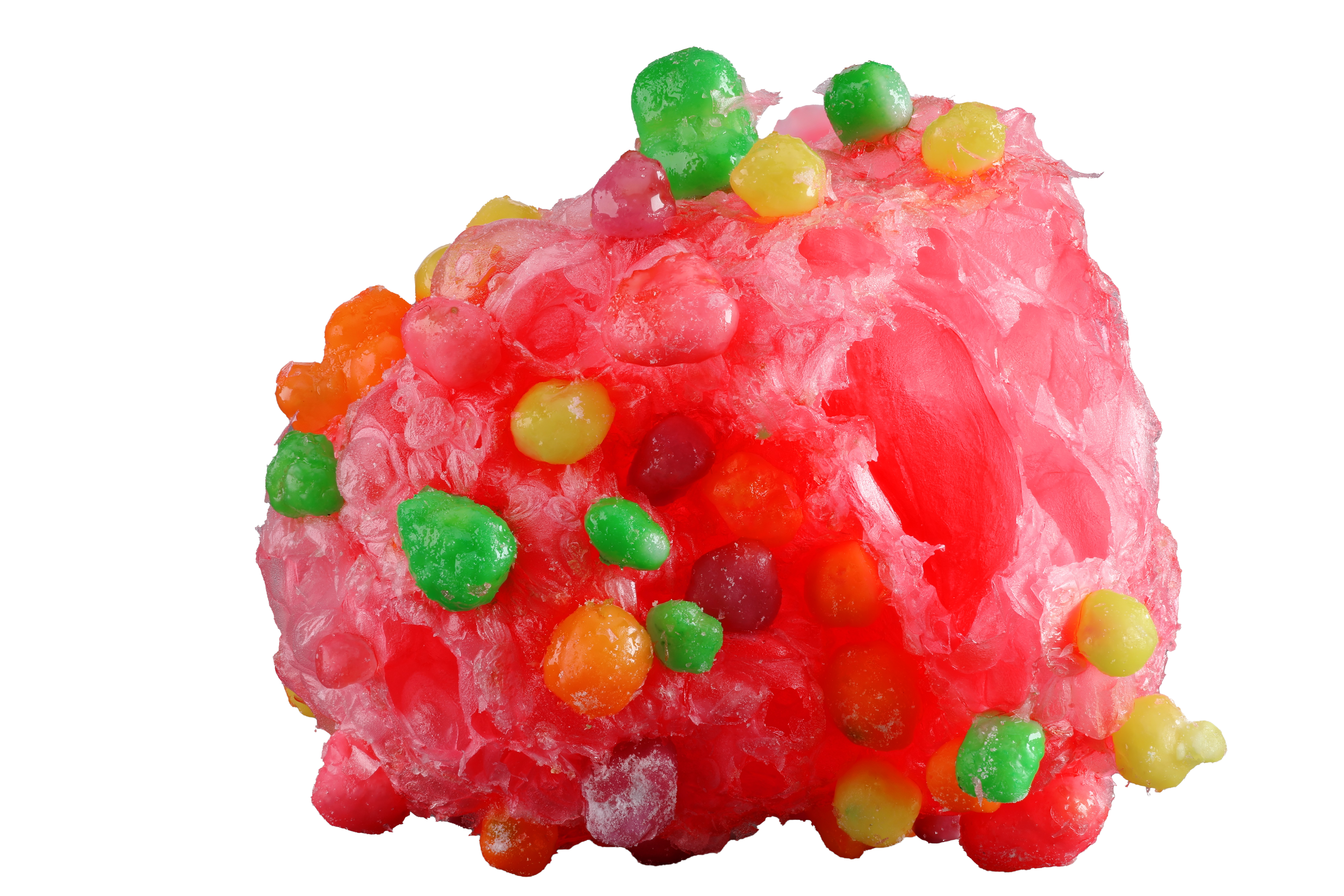 Red freeze-dried Frost Bites cluster with colorful candy pieces and a craggy texture
